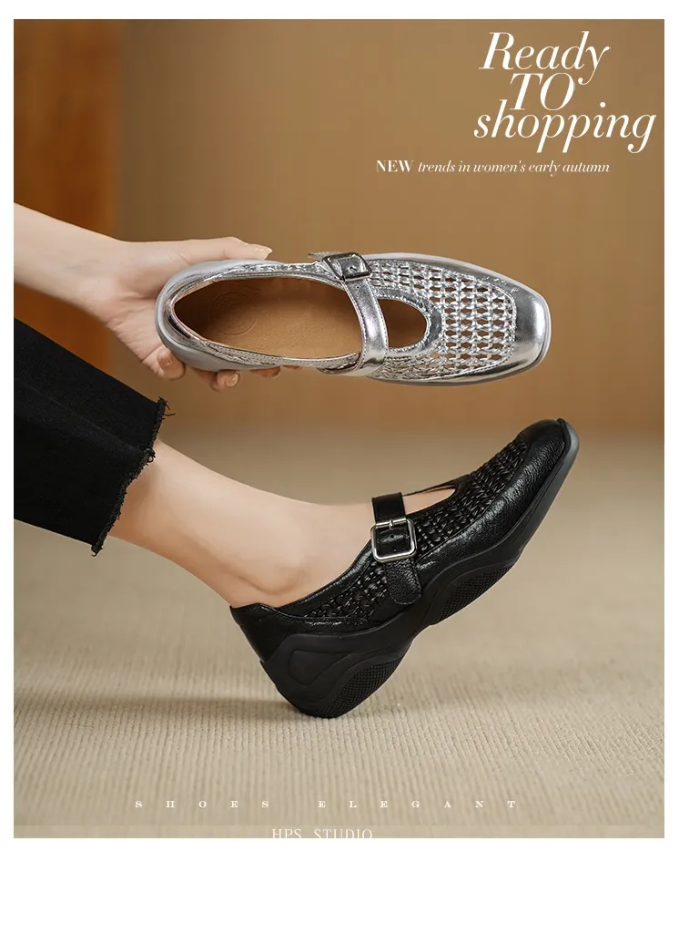 Spring/Summer Flat Round Toe Hollowed-out Sheepskin Comfortable and Soft Women's Shoes