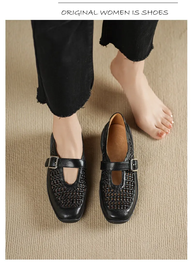 Spring/Summer Flat Round Toe Hollowed-out Sheepskin Comfortable and Soft Women's Shoes