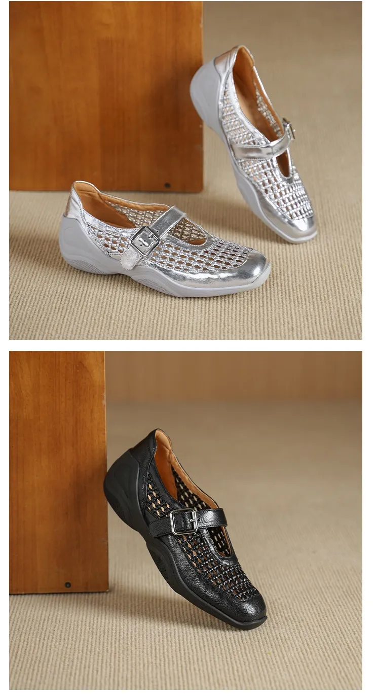 Spring/Summer Flat Round Toe Hollowed-out Sheepskin Comfortable and Soft Women's Shoes