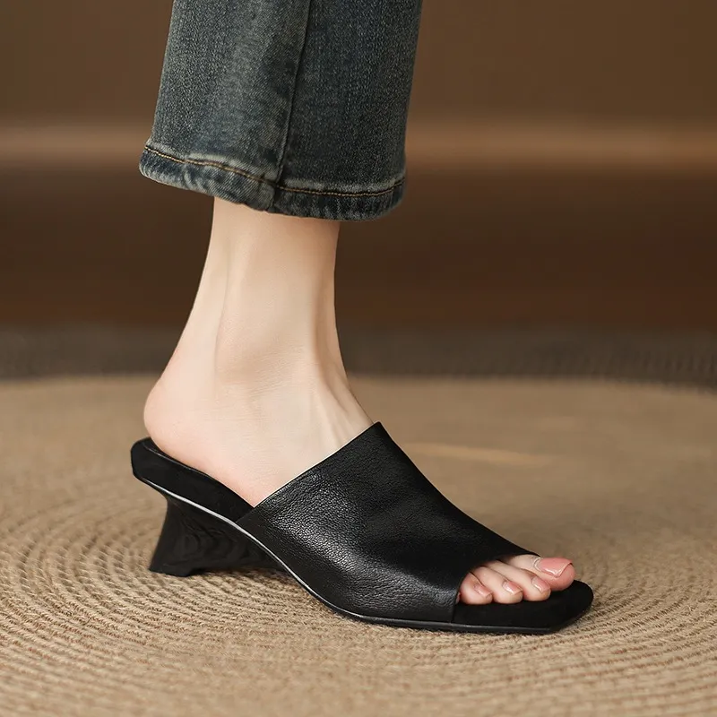 Spring/Summer Slippers, Square Toe, Unique Heel, High-Quality Sheepskin Women's Shoes, Fashionable Slippers