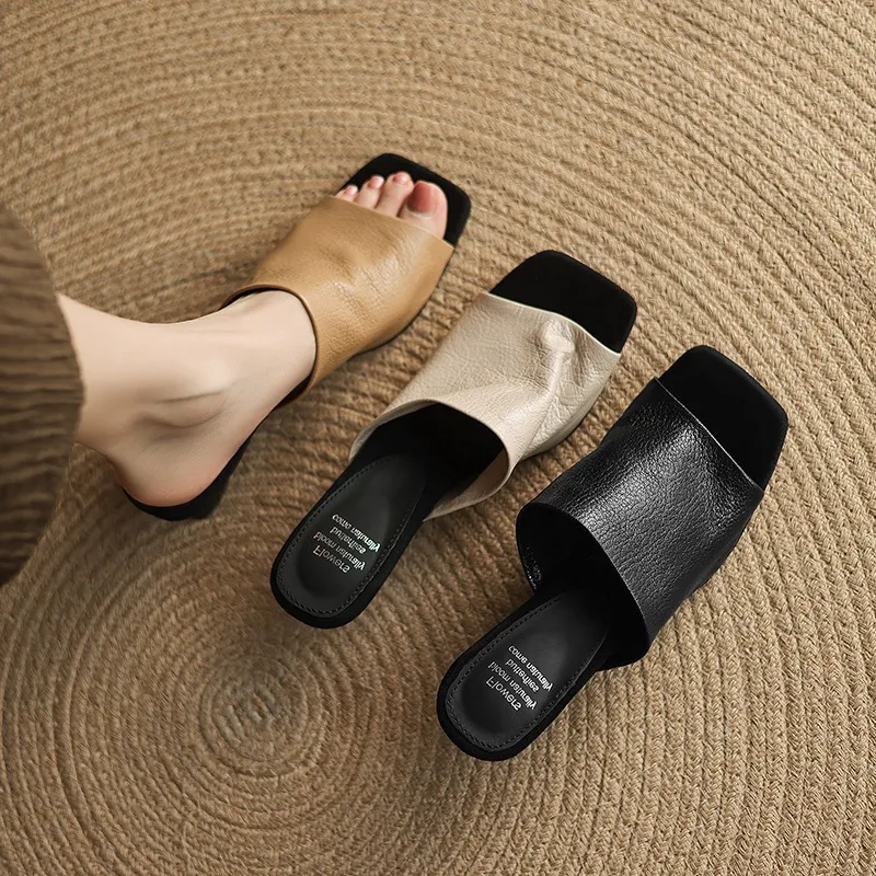 Spring/Summer Slippers, Square Toe, Unique Heel, High-Quality Sheepskin Women's Shoes, Fashionable Slippers