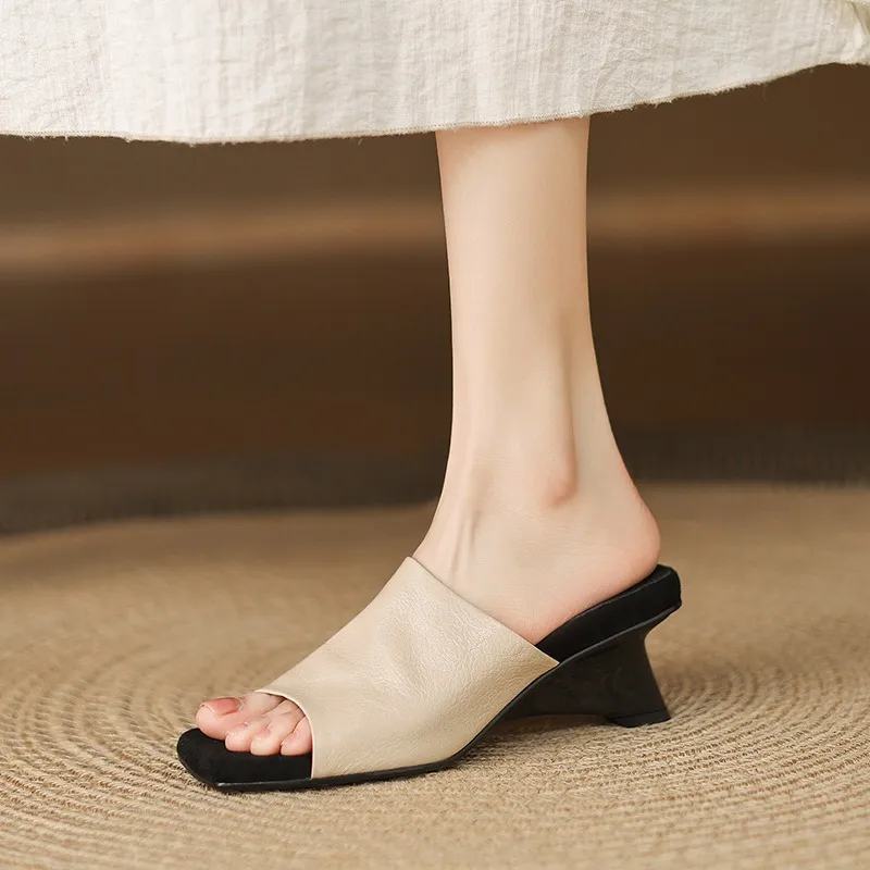 Spring/Summer Slippers, Square Toe, Unique Heel, High-Quality Sheepskin Women's Shoes, Fashionable Slippers