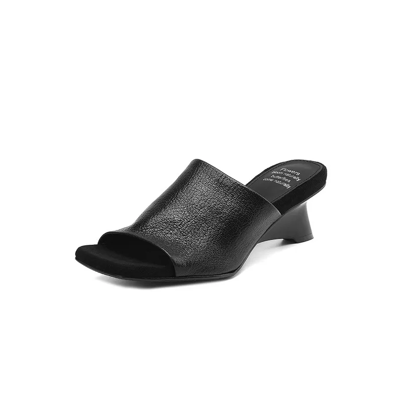Spring/Summer Slippers, Square Toe, Unique Heel, High-Quality Sheepskin Women's Shoes, Fashionable Slippers