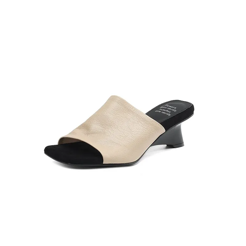 Spring/Summer Slippers, Square Toe, Unique Heel, High-Quality Sheepskin Women's Shoes, Fashionable Slippers