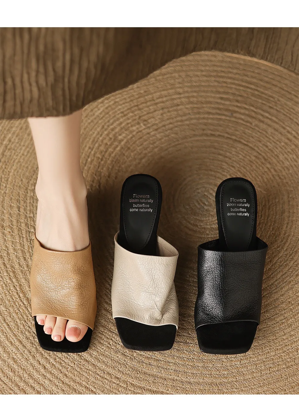 Spring/Summer Slippers, Square Toe, Unique Heel, High-Quality Sheepskin Women's Shoes, Fashionable Slippers