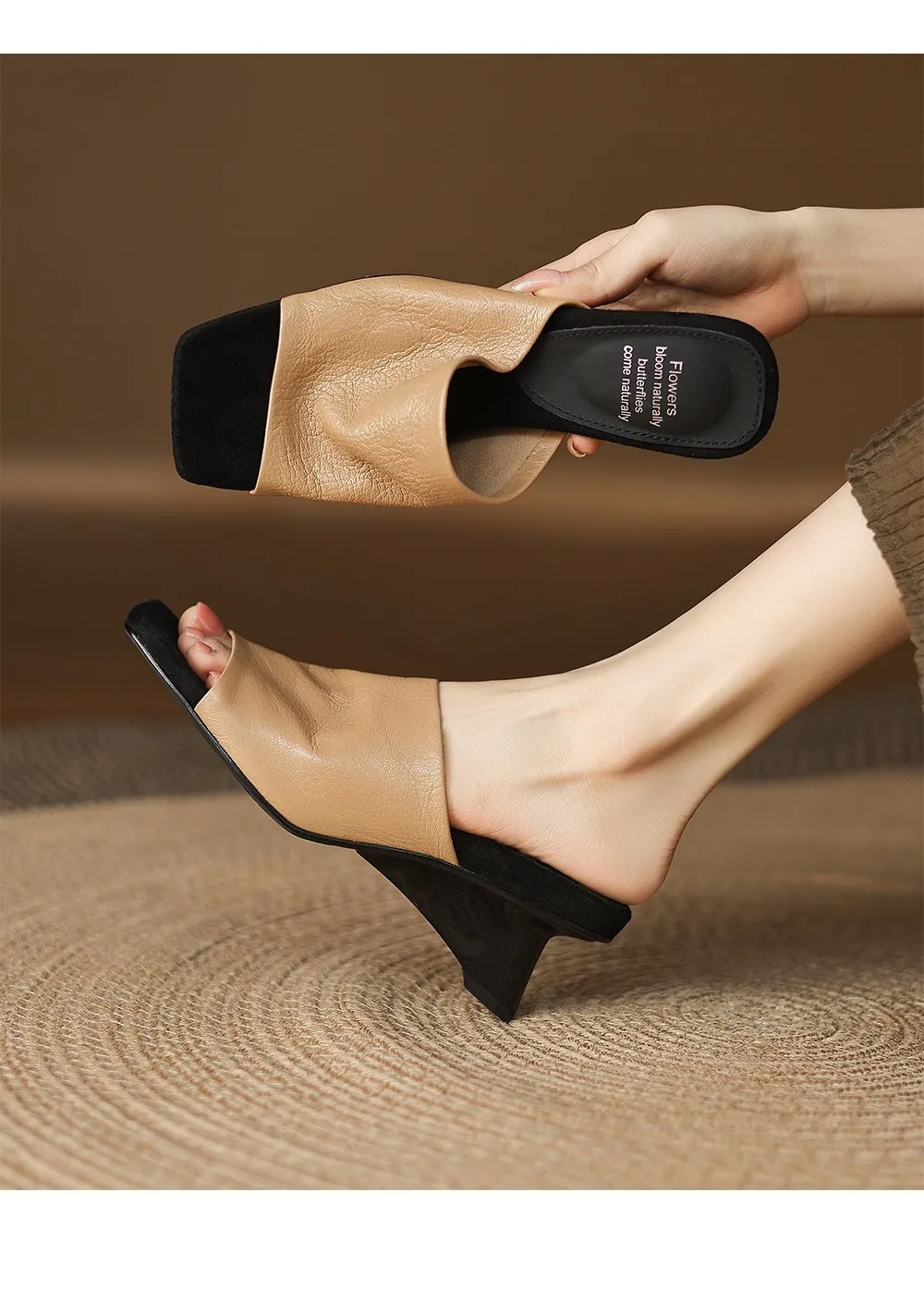 Spring/Summer Slippers, Square Toe, Unique Heel, High-Quality Sheepskin Women's Shoes, Fashionable Slippers