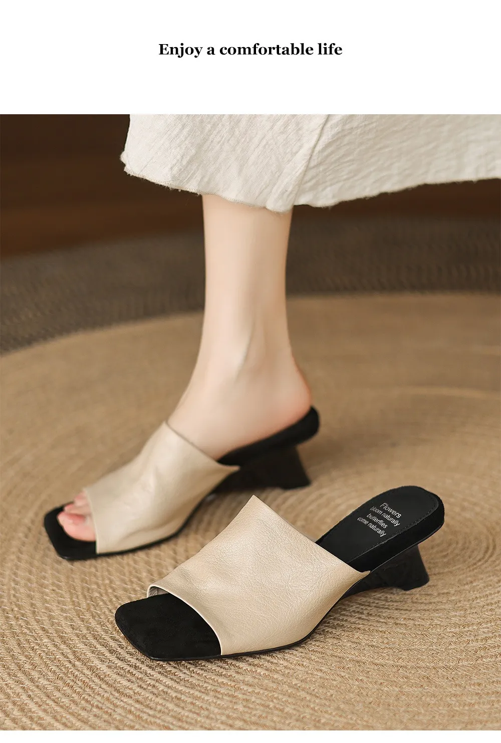 Spring/Summer Slippers, Square Toe, Unique Heel, High-Quality Sheepskin Women's Shoes, Fashionable Slippers
