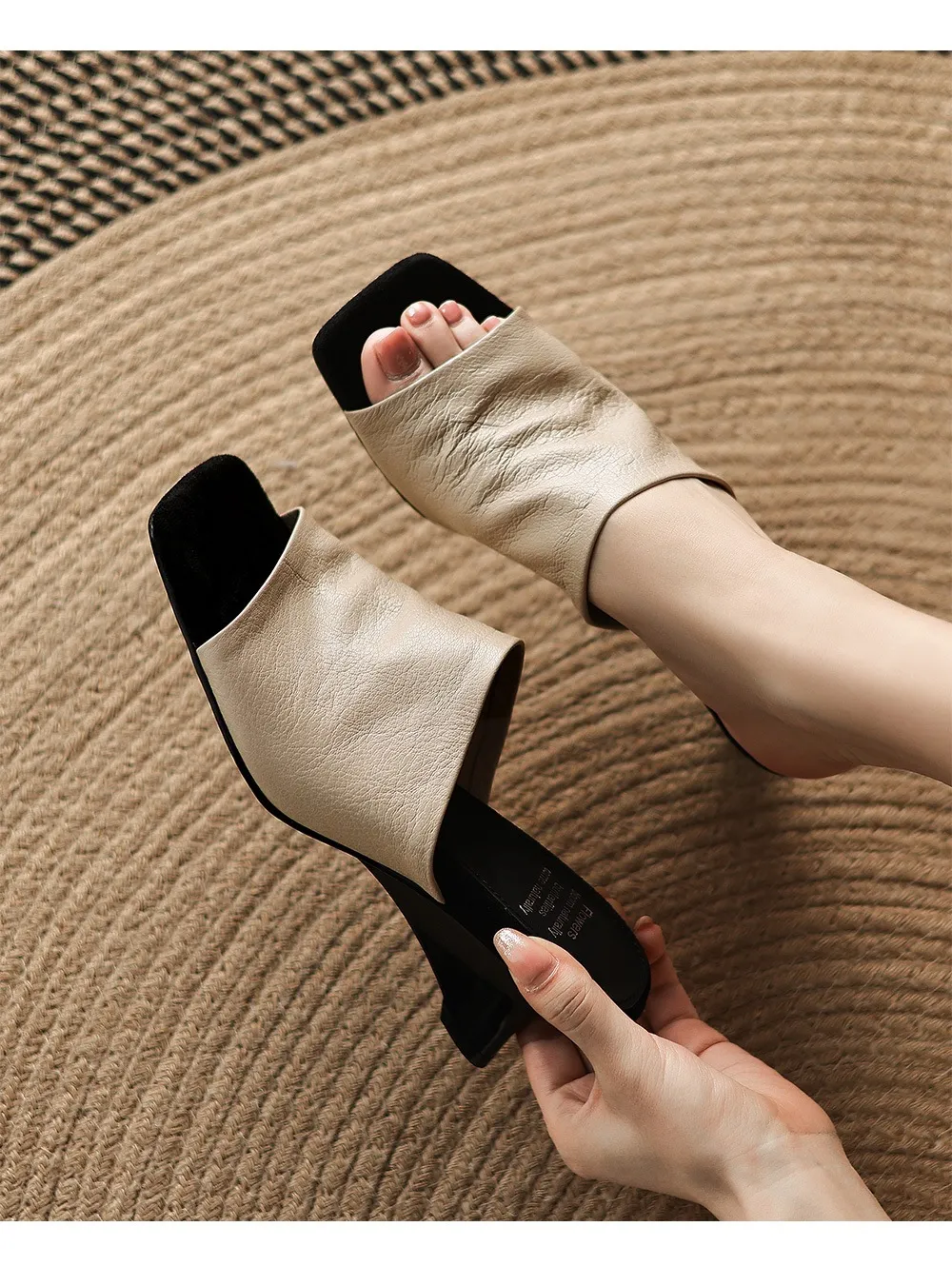 Spring/Summer Slippers, Square Toe, Unique Heel, High-Quality Sheepskin Women's Shoes, Fashionable Slippers