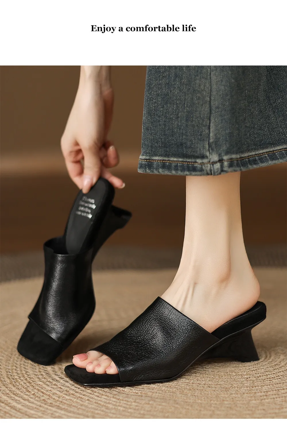 Spring/Summer Slippers, Square Toe, Unique Heel, High-Quality Sheepskin Women's Shoes, Fashionable Slippers