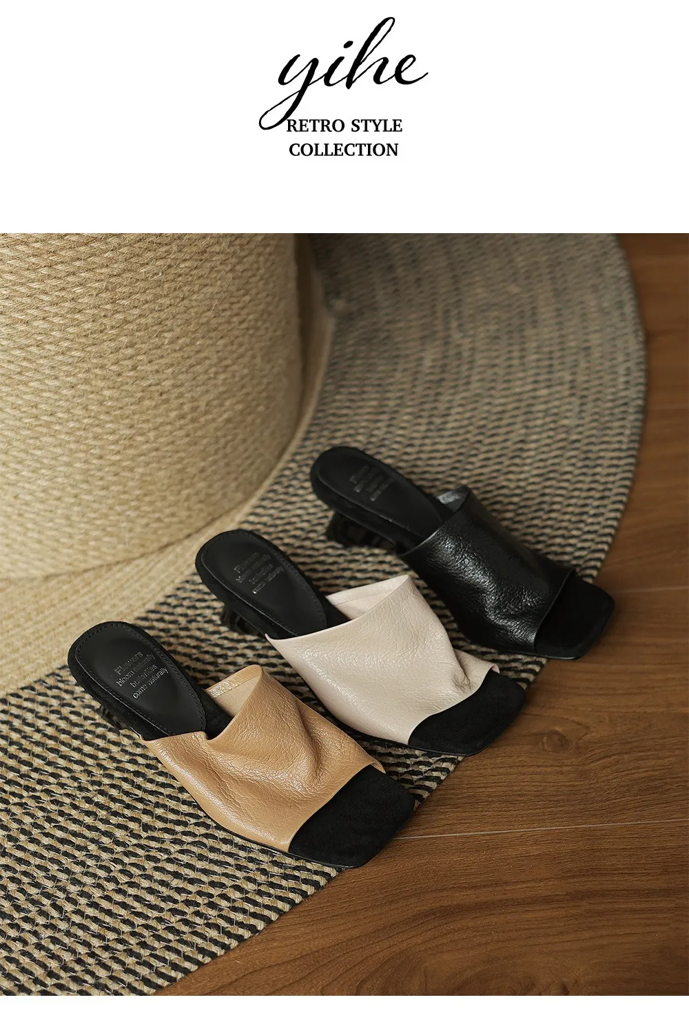 Spring/Summer Slippers, Square Toe, Unique Heel, High-Quality Sheepskin Women's Shoes, Fashionable Slippers