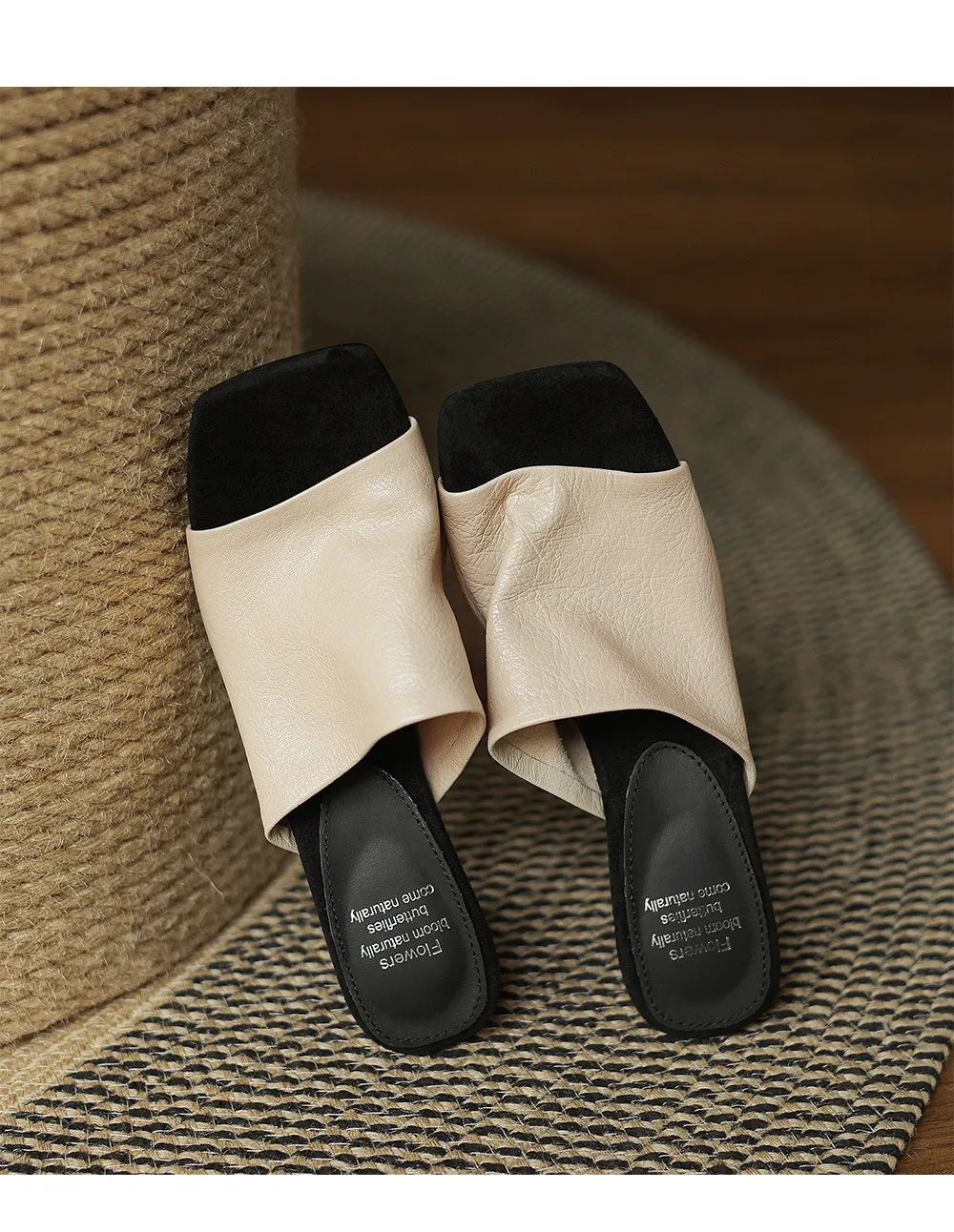 Spring/Summer Slippers, Square Toe, Unique Heel, High-Quality Sheepskin Women's Shoes, Fashionable Slippers