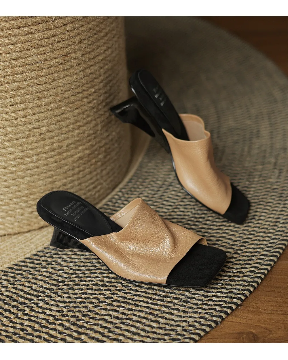 Spring/Summer Slippers, Square Toe, Unique Heel, High-Quality Sheepskin Women's Shoes, Fashionable Slippers