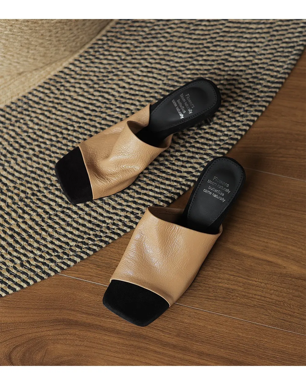 Spring/Summer Slippers, Square Toe, Unique Heel, High-Quality Sheepskin Women's Shoes, Fashionable Slippers