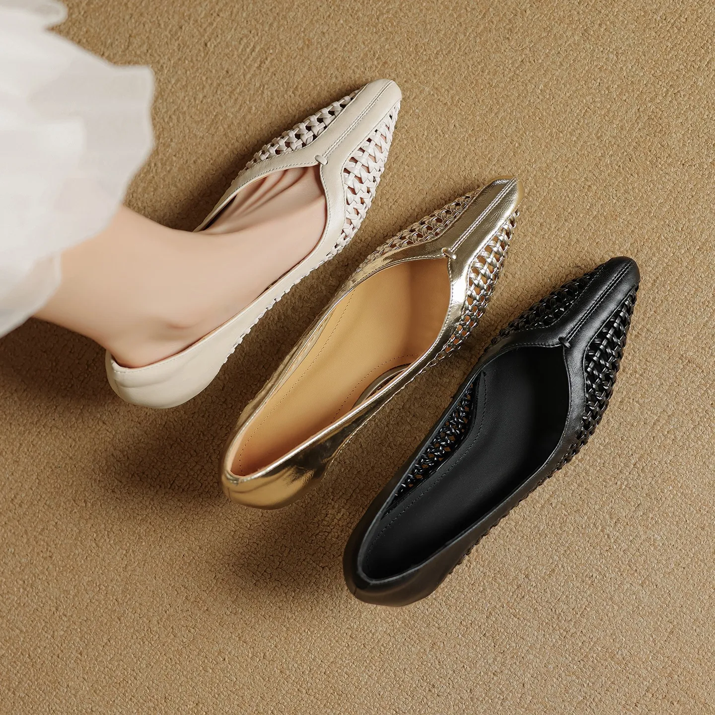 Spring/Summer pointed-toe chunky heel high-heeled cowhide openwork fashion women's shoes