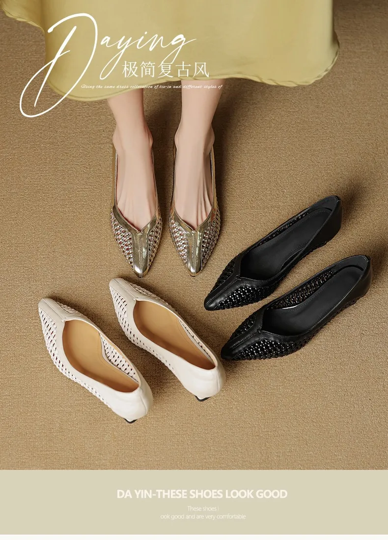 Spring/Summer pointed-toe chunky heel high-heeled cowhide openwork fashion women's shoes