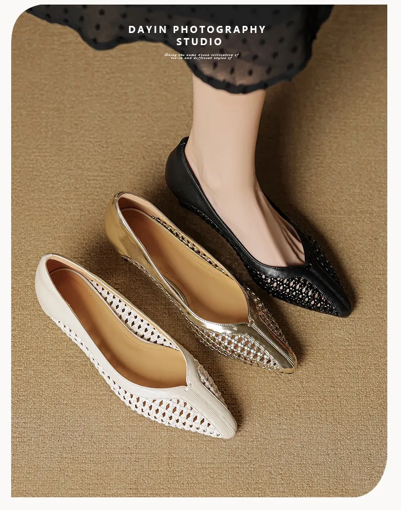 Spring/Summer pointed-toe chunky heel high-heeled cowhide openwork fashion women's shoes