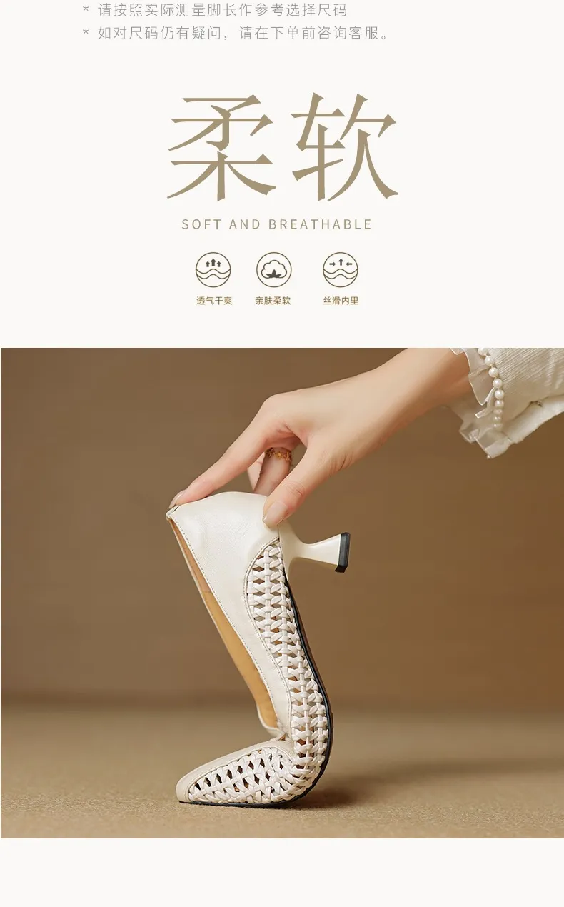 Spring/Summer pointed-toe chunky heel high-heeled cowhide openwork fashion women's shoes