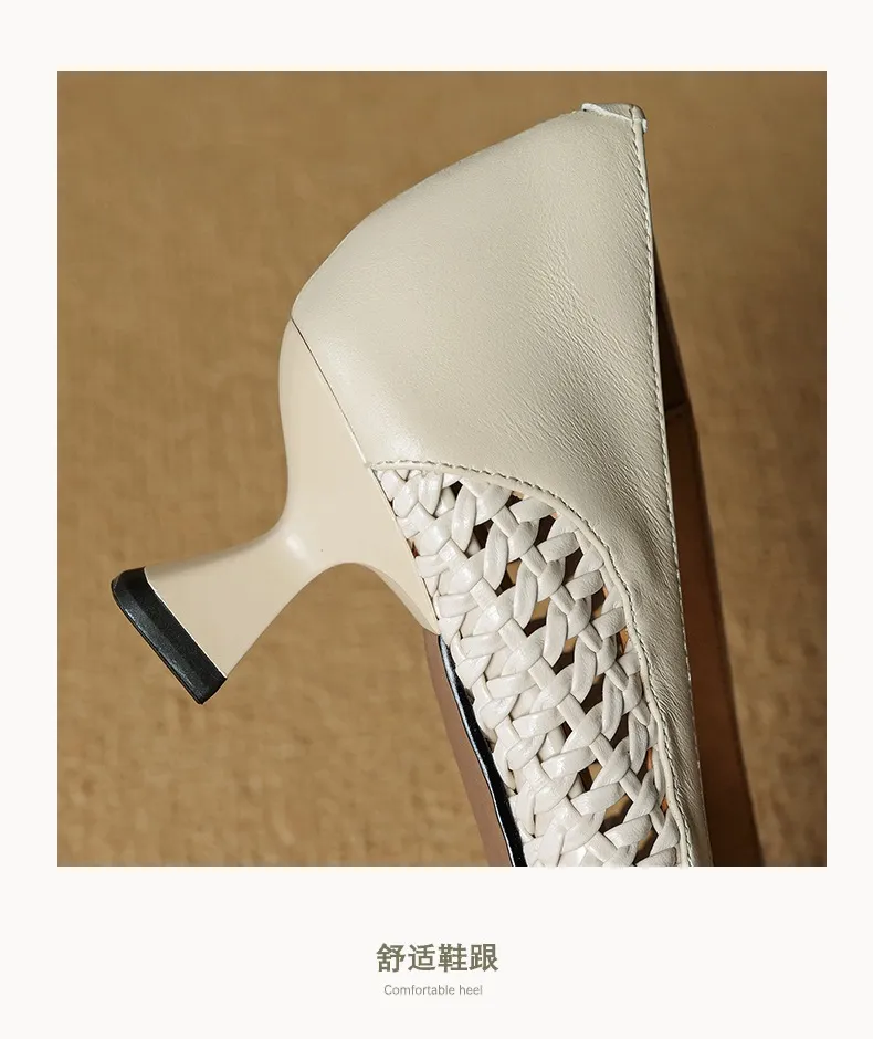 Spring/Summer pointed-toe chunky heel high-heeled cowhide openwork fashion women's shoes