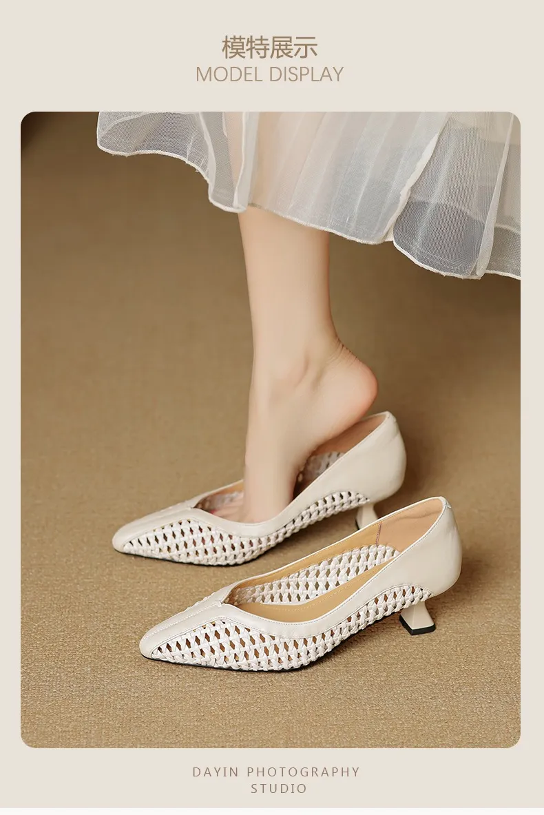 Spring/Summer pointed-toe chunky heel high-heeled cowhide openwork fashion women's shoes