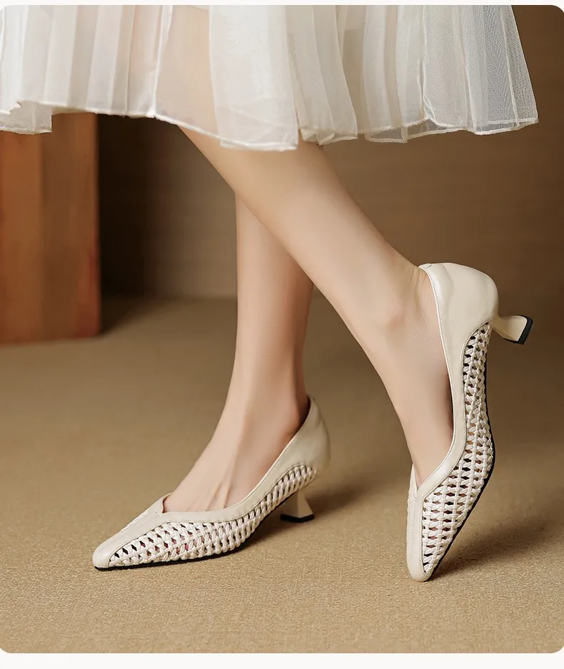 Spring/Summer pointed-toe chunky heel high-heeled cowhide openwork fashion women's shoes