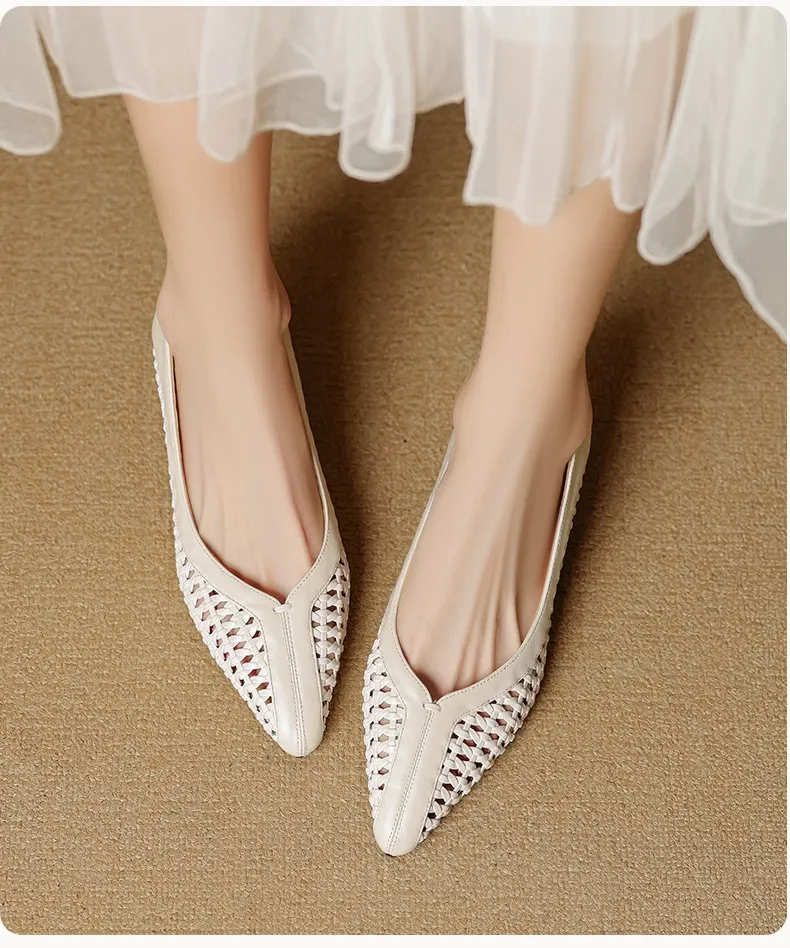 Spring/Summer pointed-toe chunky heel high-heeled cowhide openwork fashion women's shoes