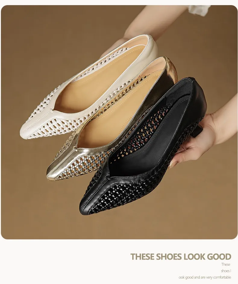 Spring/Summer pointed-toe chunky heel high-heeled cowhide openwork fashion women's shoes