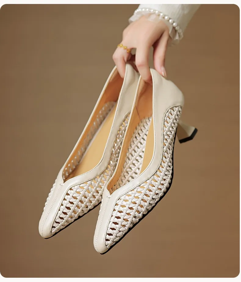 Spring/Summer pointed-toe chunky heel high-heeled cowhide openwork fashion women's shoes