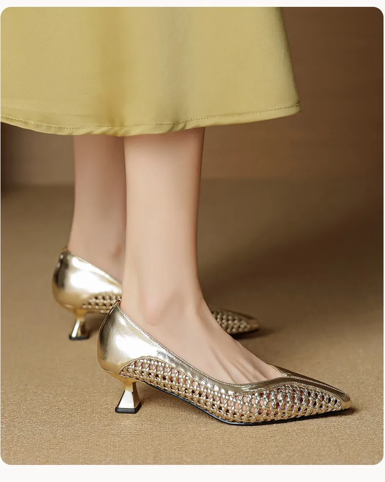 Spring/Summer pointed-toe chunky heel high-heeled cowhide openwork fashion women's shoes