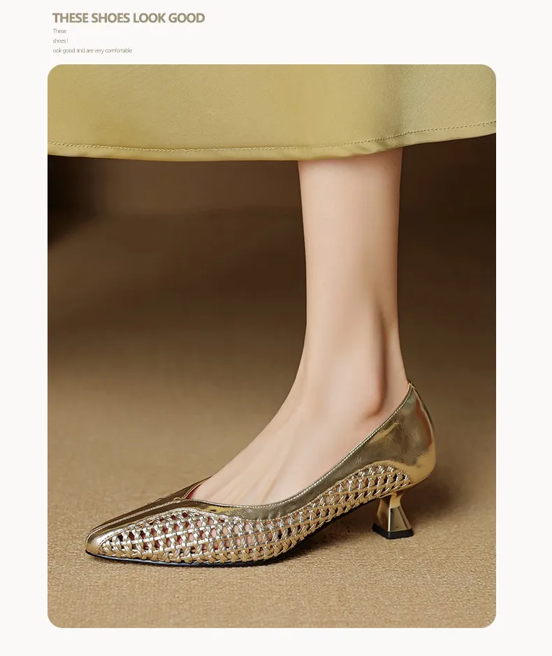 Spring/Summer pointed-toe chunky heel high-heeled cowhide openwork fashion women's shoes