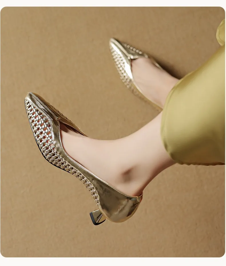 Spring/Summer pointed-toe chunky heel high-heeled cowhide openwork fashion women's shoes
