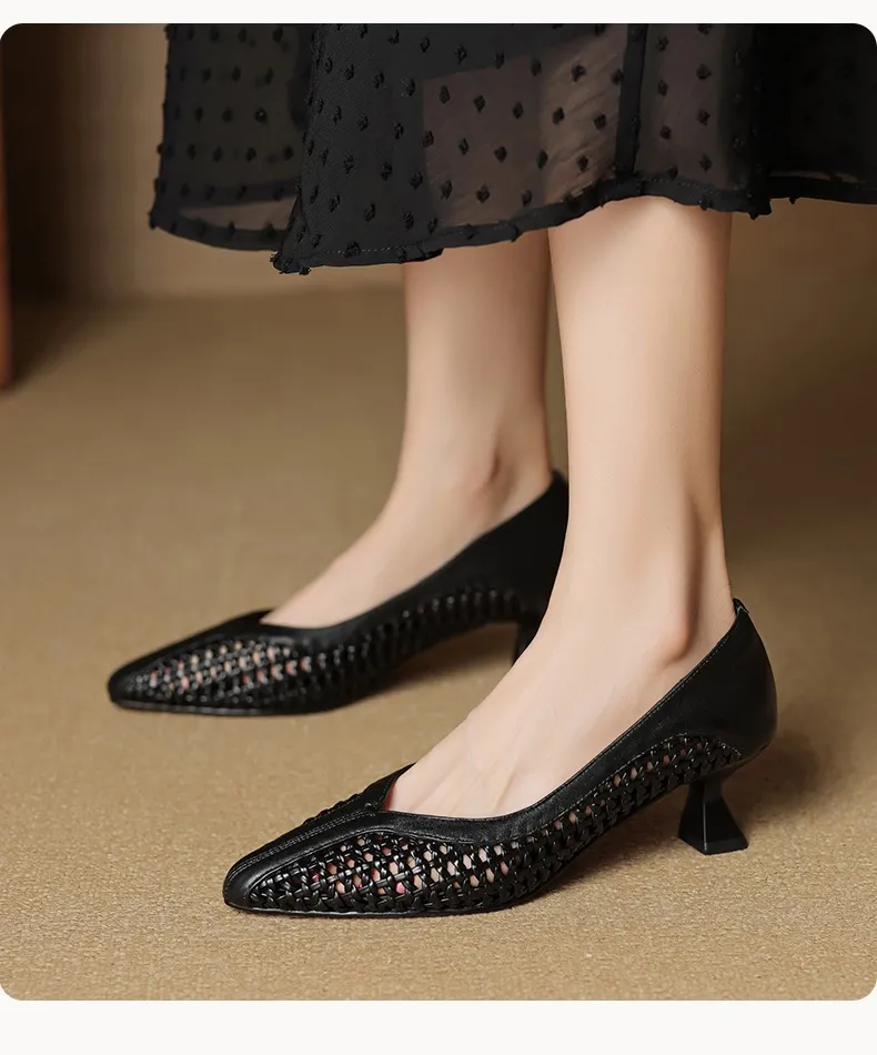 Spring/Summer pointed-toe chunky heel high-heeled cowhide openwork fashion women's shoes
