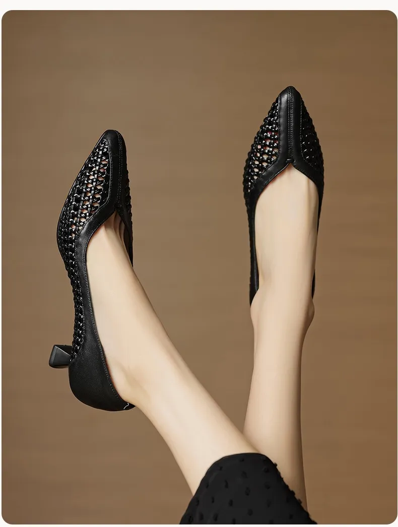 Spring/Summer pointed-toe chunky heel high-heeled cowhide openwork fashion women's shoes