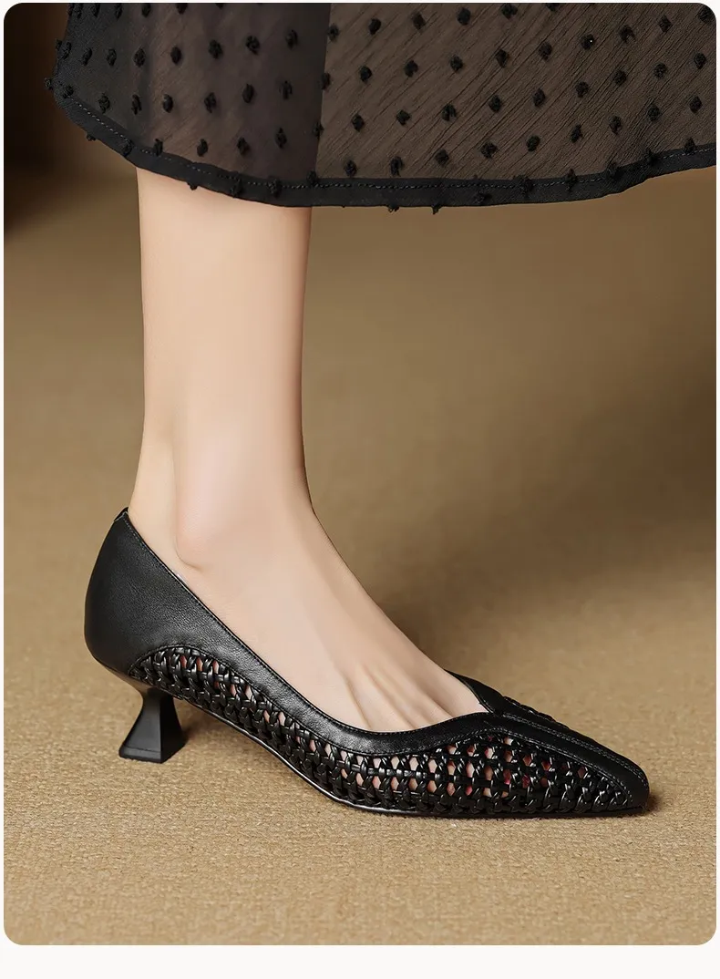 Spring/Summer pointed-toe chunky heel high-heeled cowhide openwork fashion women's shoes