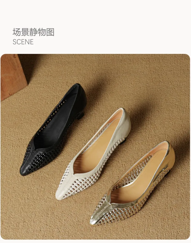 Spring/Summer pointed-toe chunky heel high-heeled cowhide openwork fashion women's shoes