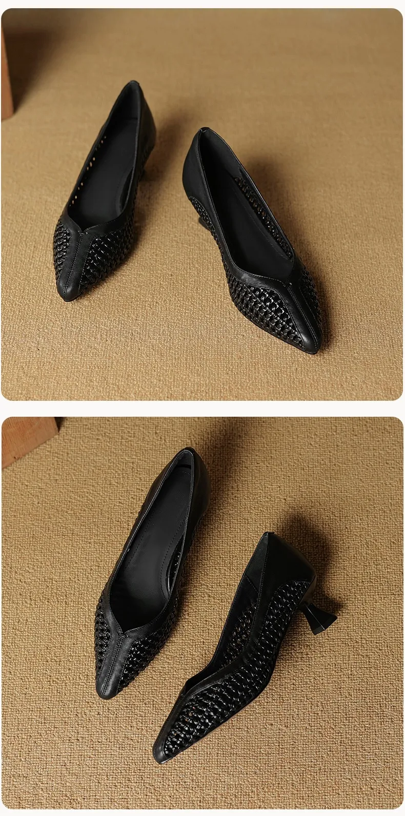 Spring/Summer pointed-toe chunky heel high-heeled cowhide openwork fashion women's shoes