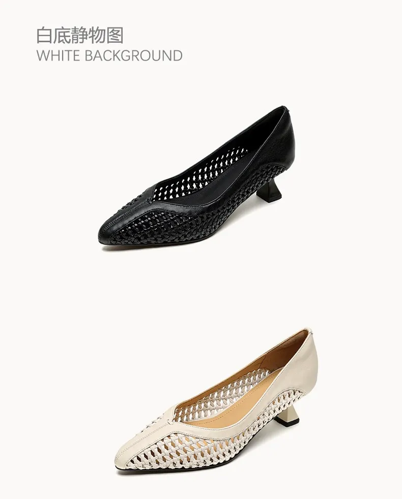 Spring/Summer pointed-toe chunky heel high-heeled cowhide openwork fashion women's shoes
