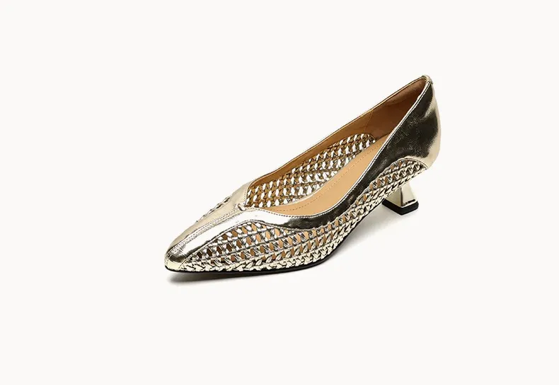 Spring/Summer pointed-toe chunky heel high-heeled cowhide openwork fashion women's shoes