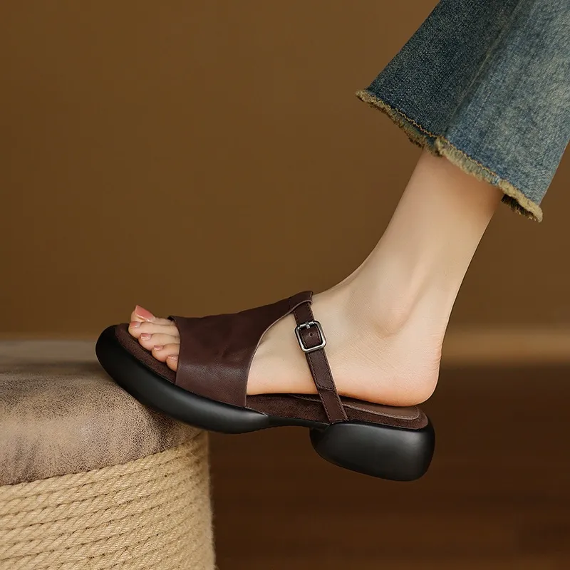 Spring/Summer platform slippers with chunky heels, worn over leather, fashionable women's shoes