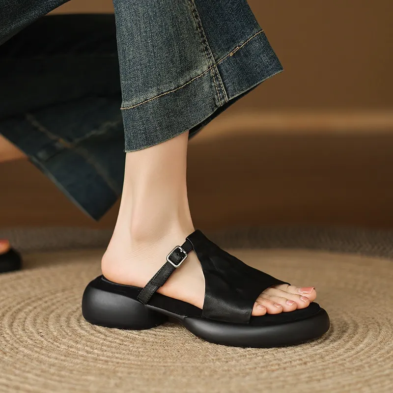 Spring/Summer platform slippers with chunky heels, worn over leather, fashionable women's shoes