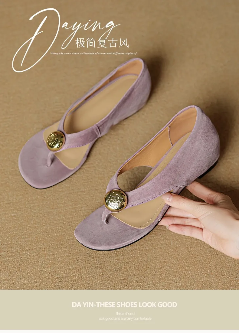 Spring/Summer Round Toe Sandals Flat Heel Cowhide Comfortable Women's Shoes