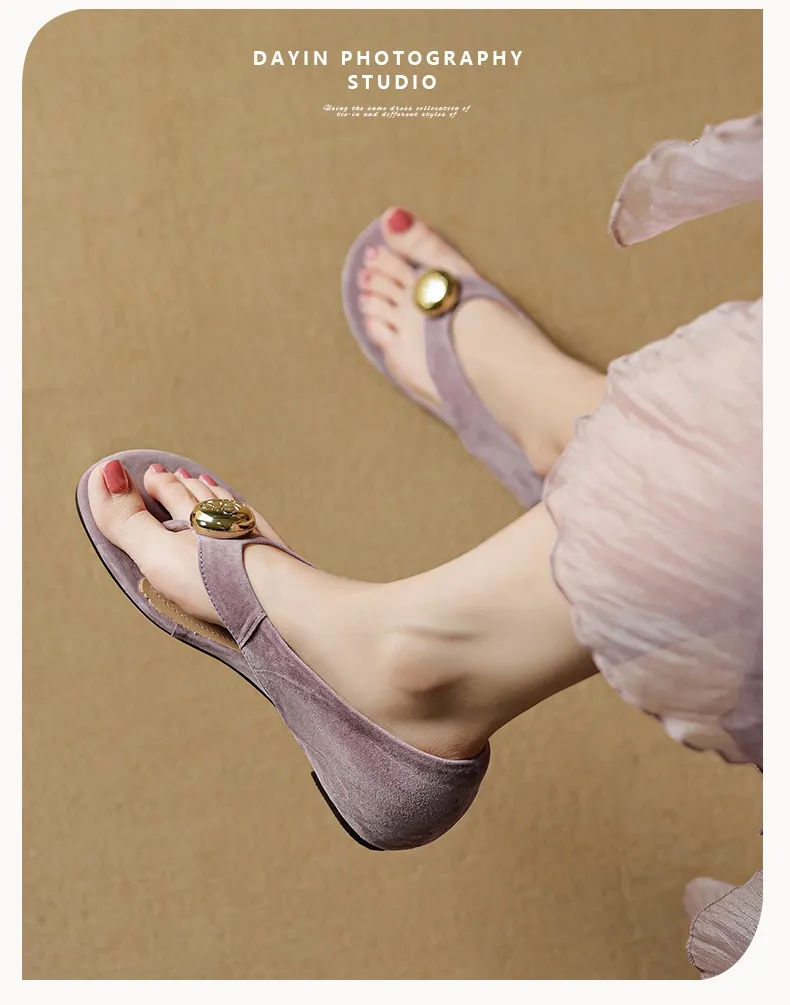 Spring/Summer Round Toe Sandals Flat Heel Cowhide Comfortable Women's Shoes