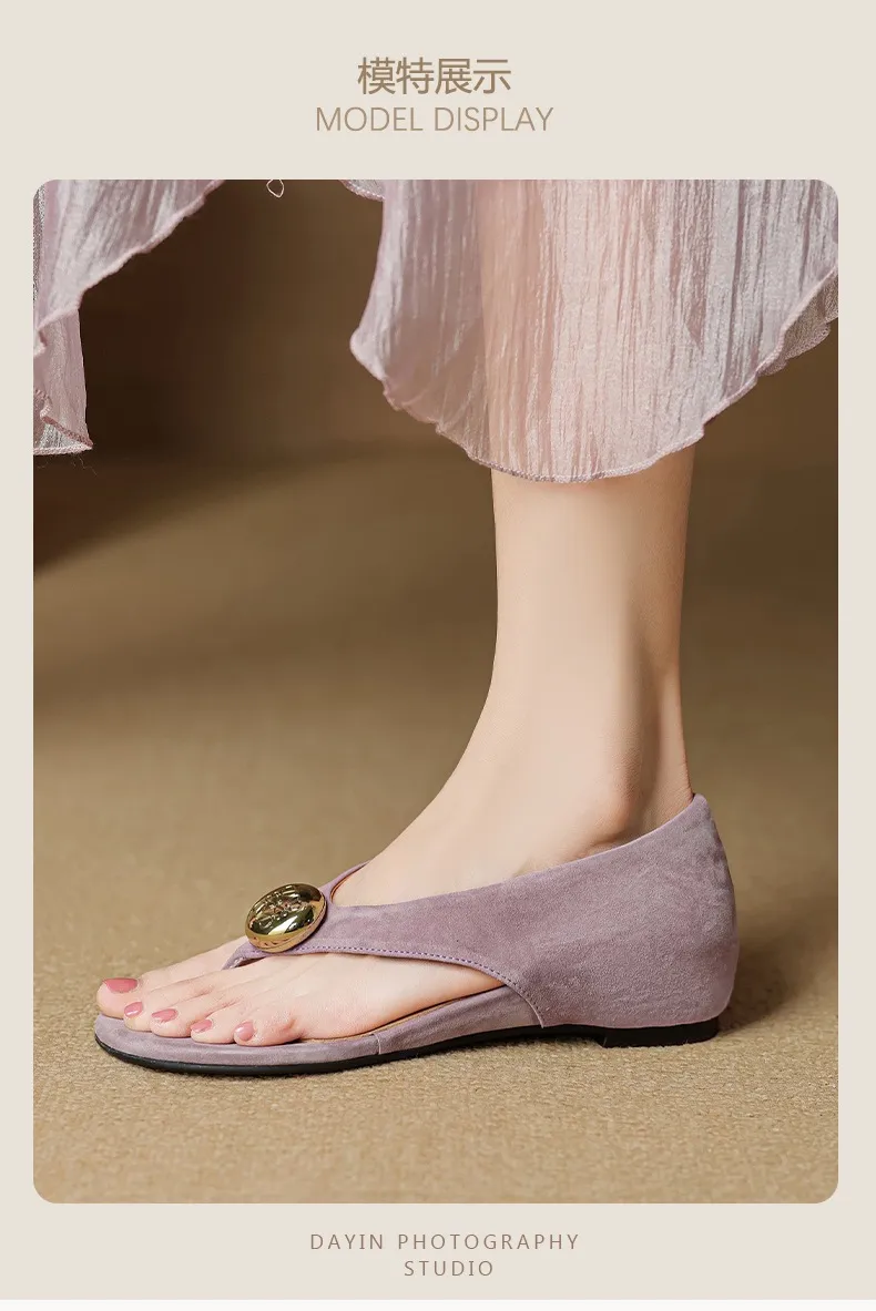 Spring/Summer Round Toe Sandals Flat Heel Cowhide Comfortable Women's Shoes