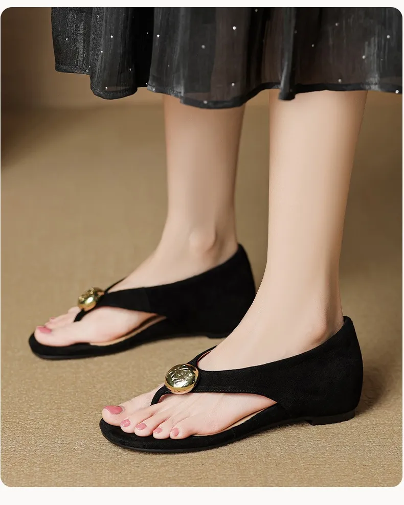 Spring/Summer Round Toe Sandals Flat Heel Cowhide Comfortable Women's Shoes