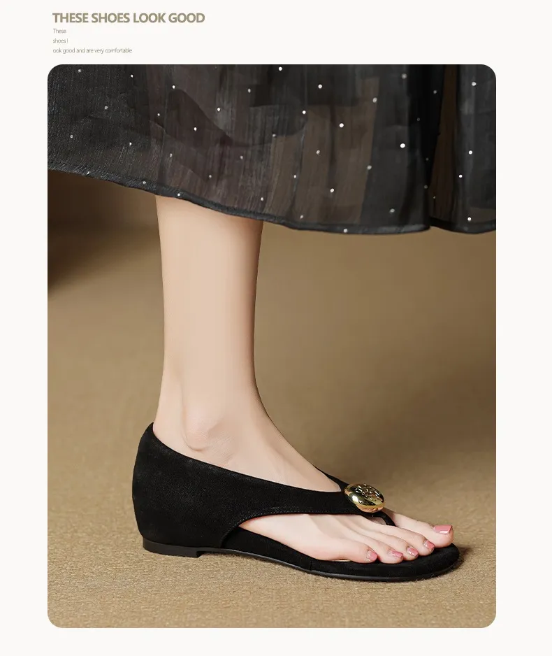 Spring/Summer Round Toe Sandals Flat Heel Cowhide Comfortable Women's Shoes
