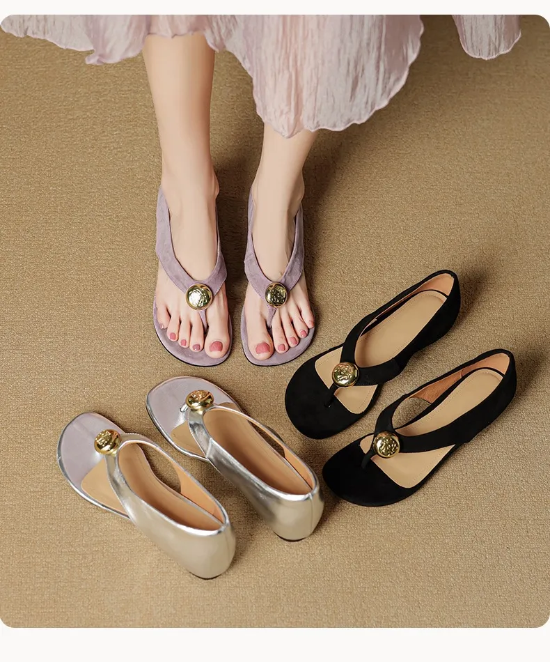 Spring/Summer Round Toe Sandals Flat Heel Cowhide Comfortable Women's Shoes