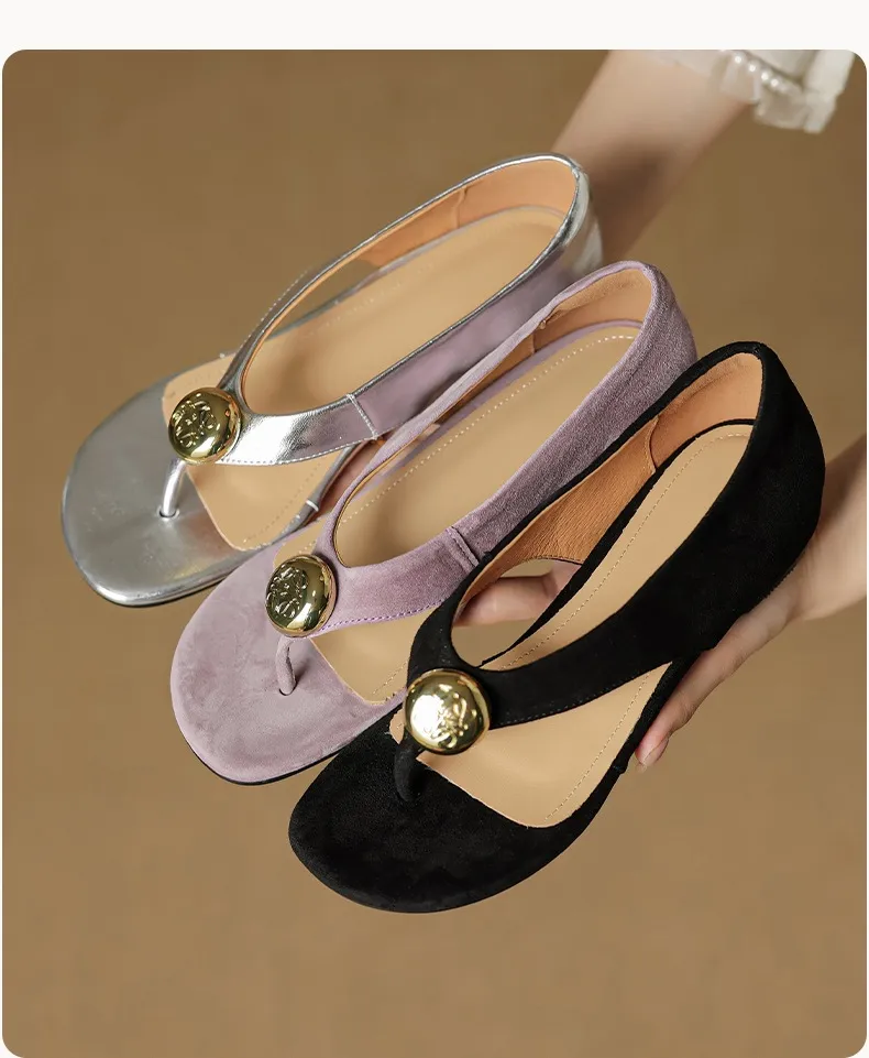 Spring/Summer Round Toe Sandals Flat Heel Cowhide Comfortable Women's Shoes