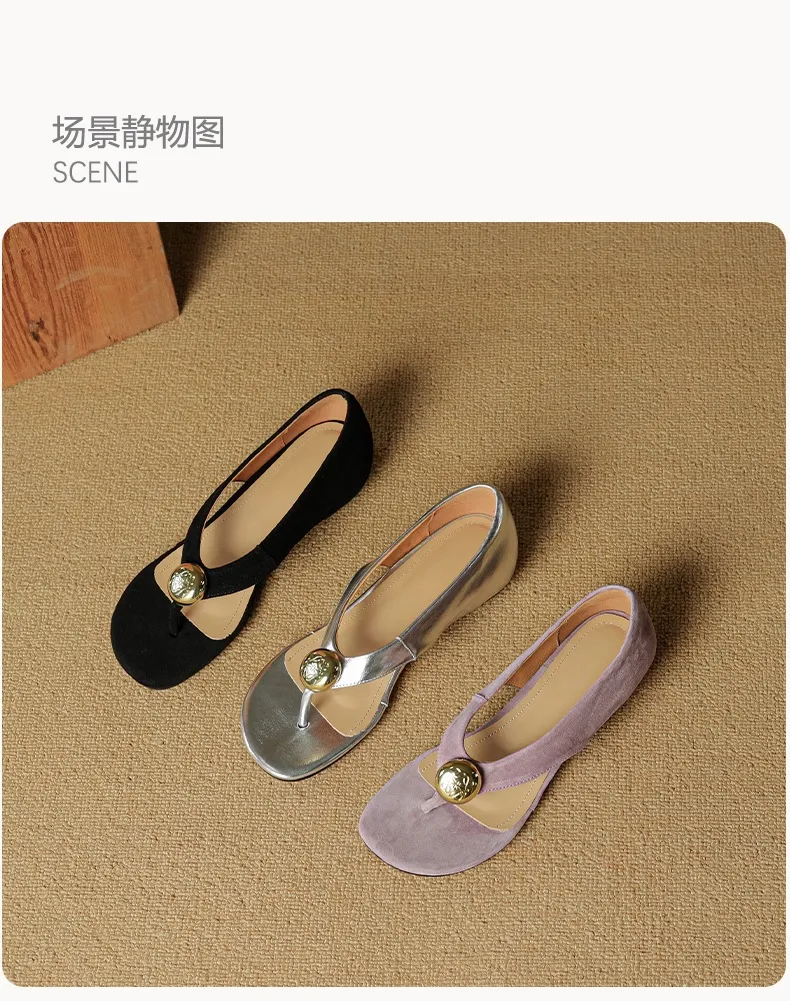 Spring/Summer Round Toe Sandals Flat Heel Cowhide Comfortable Women's Shoes