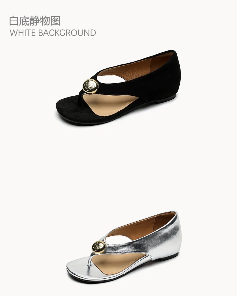 Spring/Summer Round Toe Sandals Flat Heel Cowhide Comfortable Women's Shoes