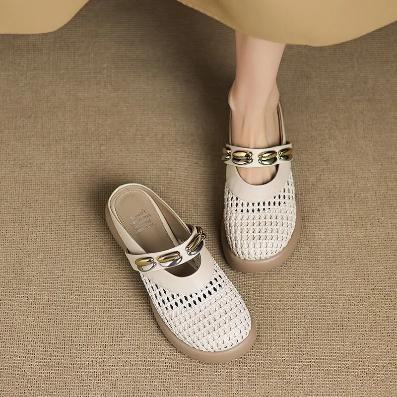 Spring/Summer Slippers, Round Toe, Thick Sole, Chunky Heel, Closed Toe, Hollow Out Cowhide Fashion Shoes for Women