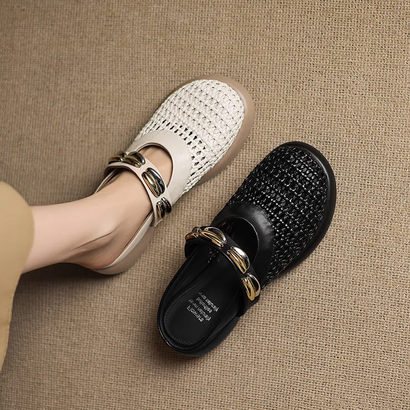Spring/Summer Slippers, Round Toe, Thick Sole, Chunky Heel, Closed Toe, Hollow Out Cowhide Fashion Shoes for Women